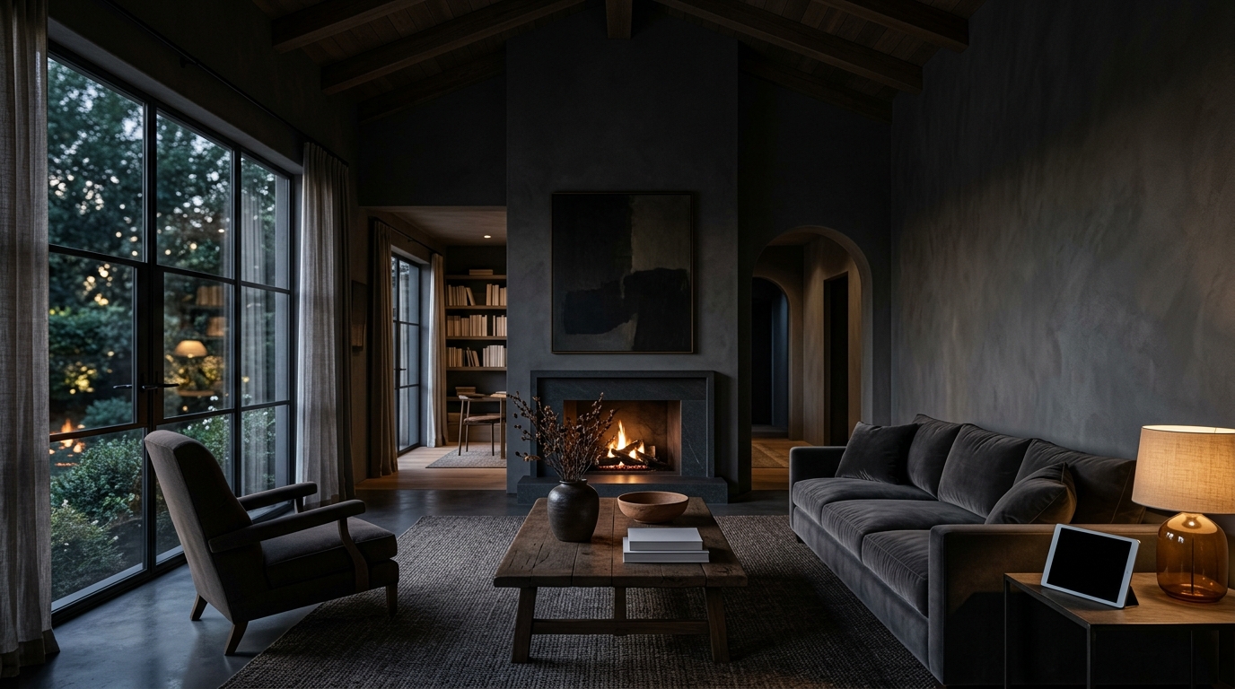 Photorealistic photo of a cozy modern living room, wide shot with open space at the top for text, moody dark tones, dramatic lighting, 16:9 aspect ratio