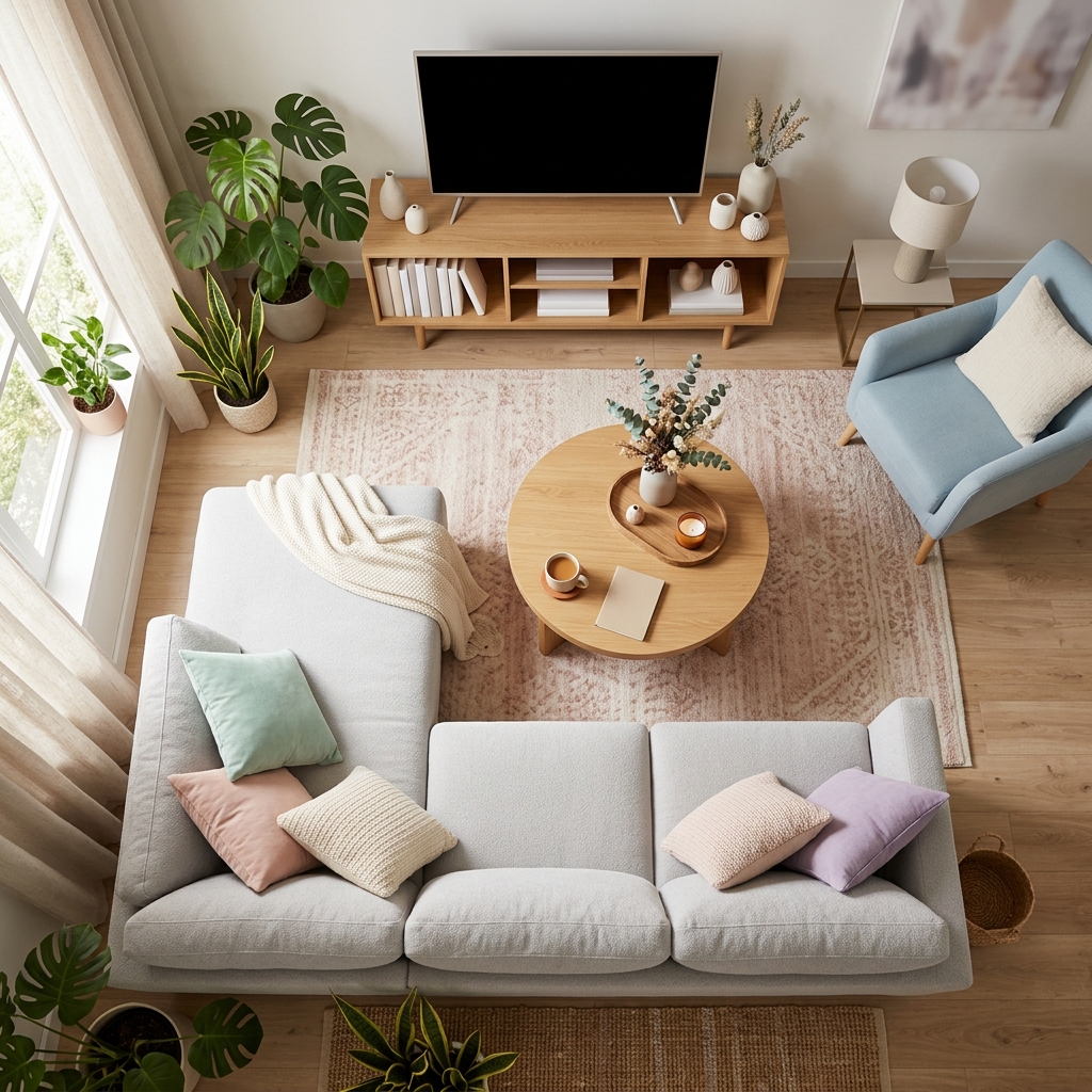Photorealistic photo of a cozy modern living room, high-angle view from above, soft pastel colors, bright and cozy, 1:1 aspect ratio