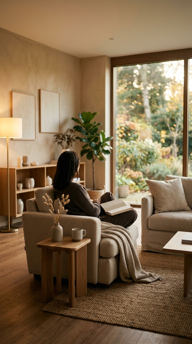 Cinematic film still of a cozy modern living room, centered subject with a simple uncluttered composition, warm golden light, calm mood, 9:16 aspect ratio