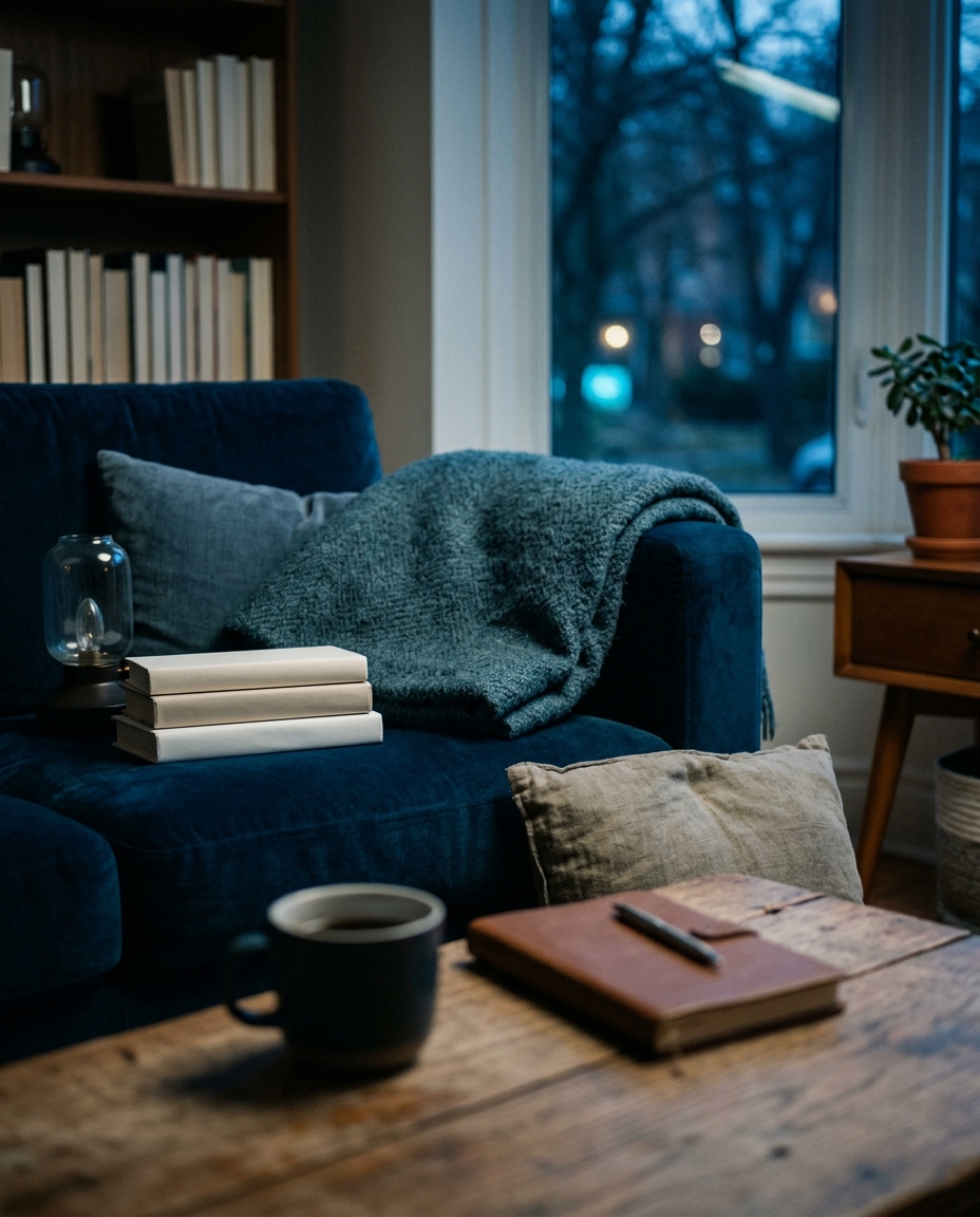 Cinematic film still of a cozy modern living room, close-up detail with shallow depth of field, cool blue tones, quiet atmosphere, 4:5 aspect ratio