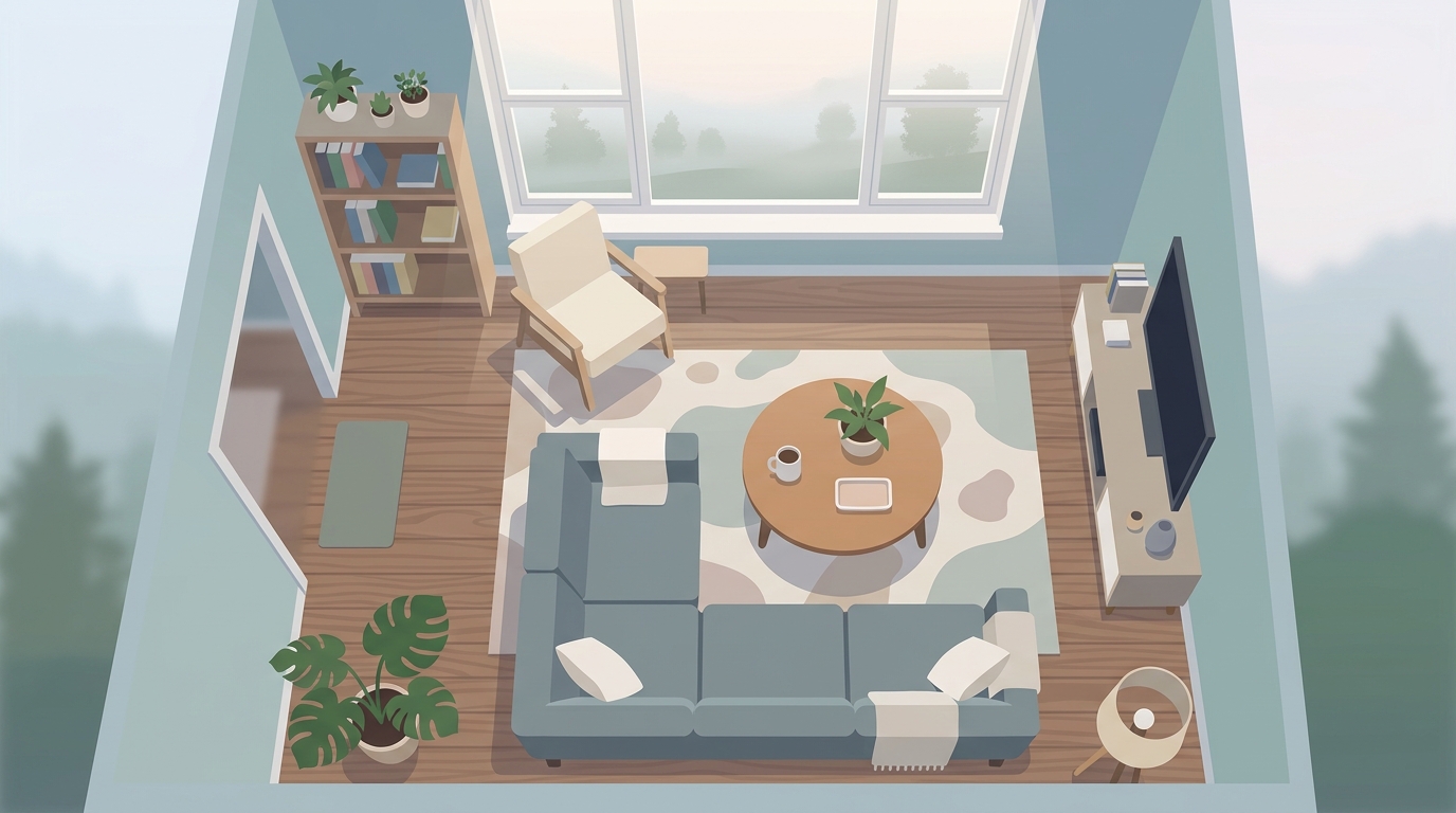 Minimal flat illustration of a cozy modern living room, high-angle view from above, misty morning haze, dreamy, 16:9 aspect ratio