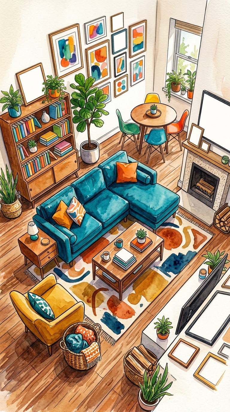 Watercolor illustration of a cozy modern living room, high-angle view from above, vivid colors, high contrast, energetic, 9:16 aspect ratio