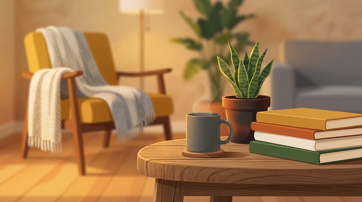 Minimal flat illustration of a cozy modern living room, close-up detail with shallow depth of field, warm golden light, calm mood, 16:9 aspect ratio
