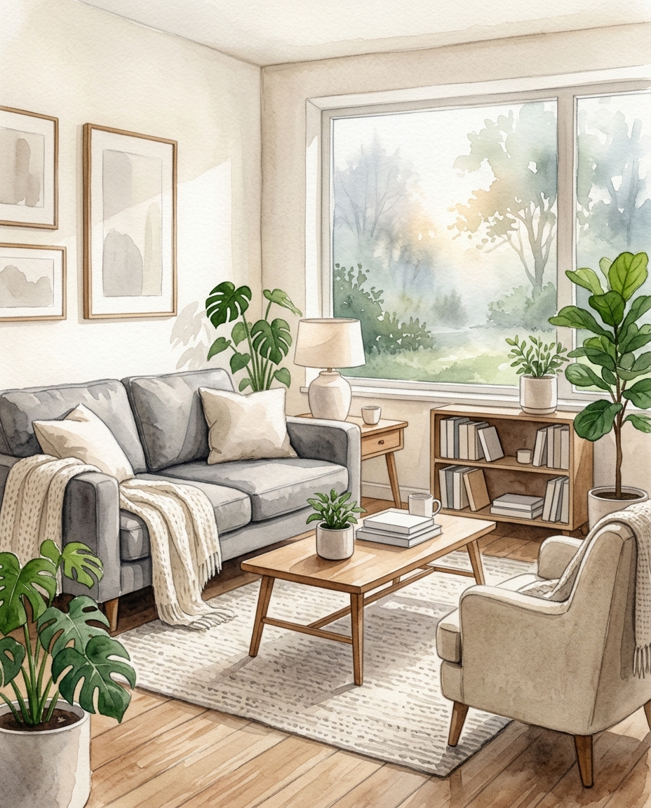 Watercolor illustration of a cozy modern living room, centered subject with a simple uncluttered composition, misty morning haze, dreamy, 4:5 aspect ratio