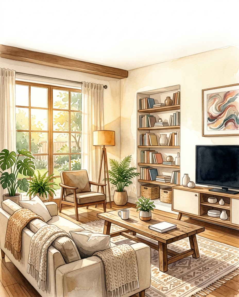 Watercolor illustration of a cozy modern living room, wide shot with open space at the top for text, warm golden light, calm mood, 4:5 aspect ratio