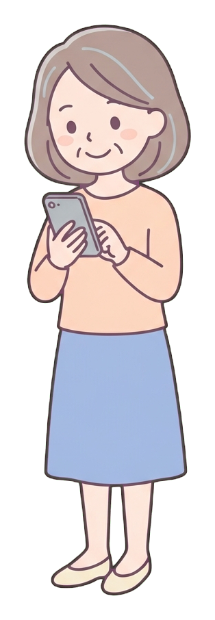 Simple cute flat cartoon illustration with soft pastel colors and thin clean dark outlines of a middle-aged woman, person looking at a smartphone and smiling, transparent background PNG