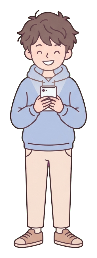 Simple cute flat cartoon illustration with soft pastel colors and thin clean dark outlines of a young man, person looking at a smartphone and smiling, transparent background PNG