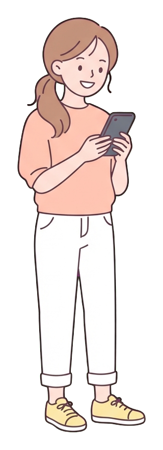 Ilustración de dibujos animados plana, simple y linda, con colores pastel suaves y contornos oscuros, limpios y finos, de una mujer joven mirando un teléfono inteligente y sonriendo, fondo transparente PNG