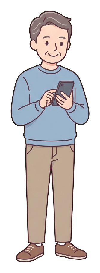 Ilustración de dibujos animados plana, simple y linda, con colores pastel suaves y contornos oscuros, limpios y finos, de un hombre de mediana edad mirando un teléfono inteligente y sonriendo, fondo transparente PNG