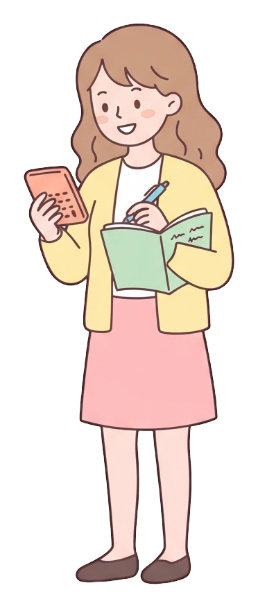 Simple cute flat cartoon illustration with soft pastel colors and thin clean dark outlines of a young woman, person calculating a budget with a calculator and a notebook, transparent background PNG