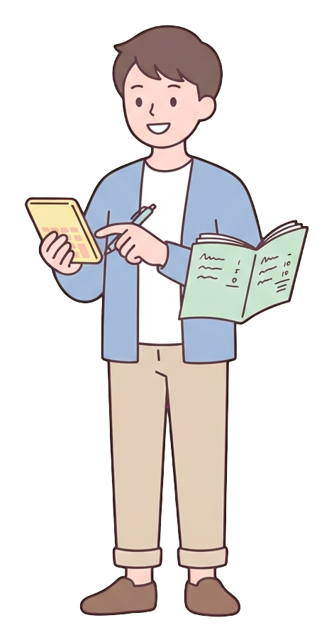 Simple cute flat cartoon illustration with soft pastel colors and thin clean dark outlines of a young man, person calculating a budget with a calculator and a notebook, transparent background PNG