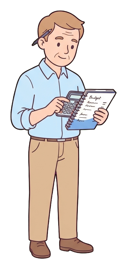 Simple cute flat cartoon illustration with soft pastel colors and thin clean dark outlines of a middle-aged man, person calculating a budget with a calculator and a notebook, transparent background PNG