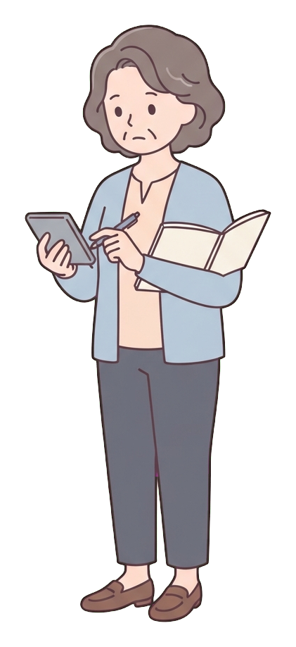 Simple cute flat cartoon illustration with soft pastel colors and thin clean dark outlines of a middle-aged woman, person calculating a budget with a calculator and a notebook, transparent background PNG
