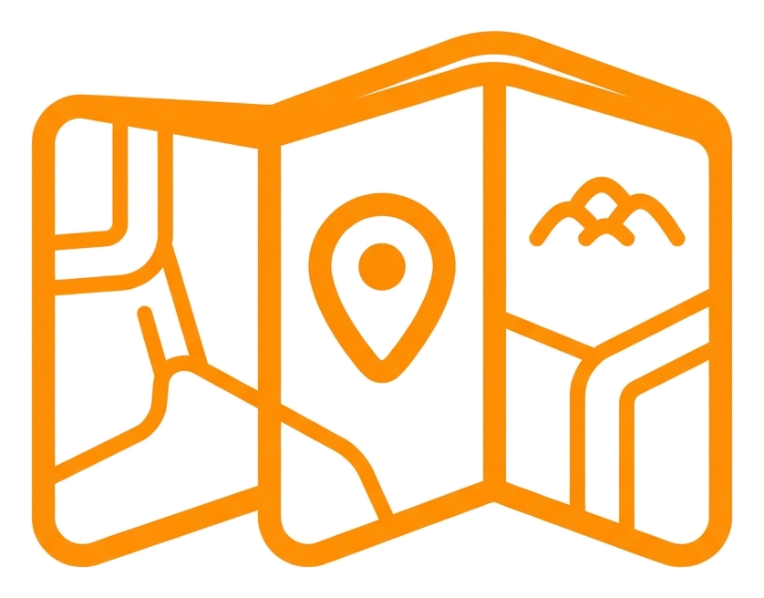 Rounded line icon, thick orange outline of a folded paper map icon, transparent background PNG