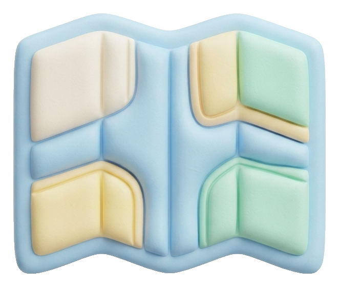 Soft 3D icon, pastel clay render of a folded paper map icon, transparent background PNG