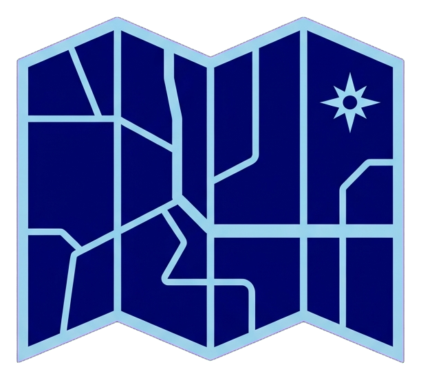 Duotone icon, navy blue and light blue of a folded paper map icon, transparent background PNG