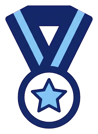 Duotone icon, navy blue and light blue of a medal with a ribbon icon, transparent background PNG