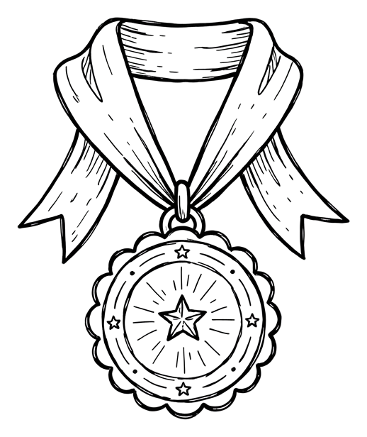 Lindo icono de garabato hecho a mano con bolígrafo negro de una medalla con cinta, PNG con fondo transparente