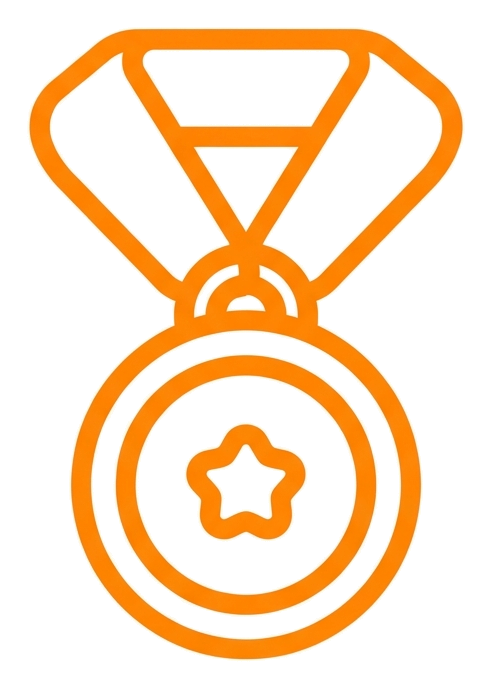 Rounded line icon, thick orange outline of a medal with a ribbon icon, transparent background PNG