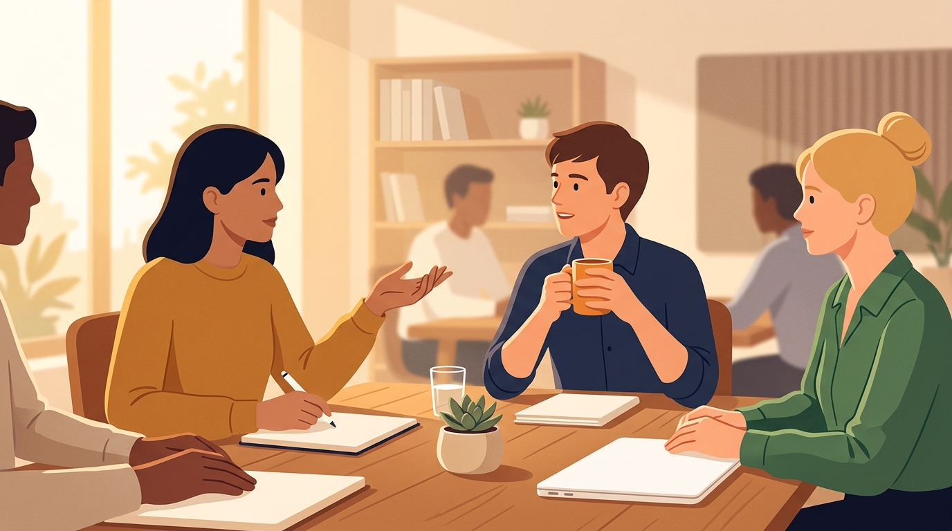 Minimal flat illustration of team meeting, close-up detail with shallow depth of field, warm golden light, calm mood, 16:9 aspect ratio