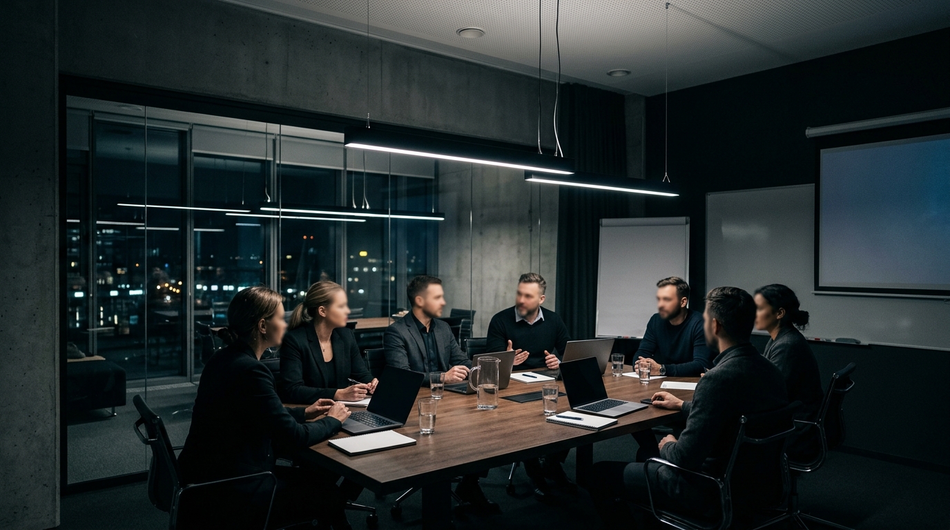 Photorealistic photo of team meeting, wide shot with open space at the top for text, moody dark tones, dramatic lighting, 16:9 aspect ratio