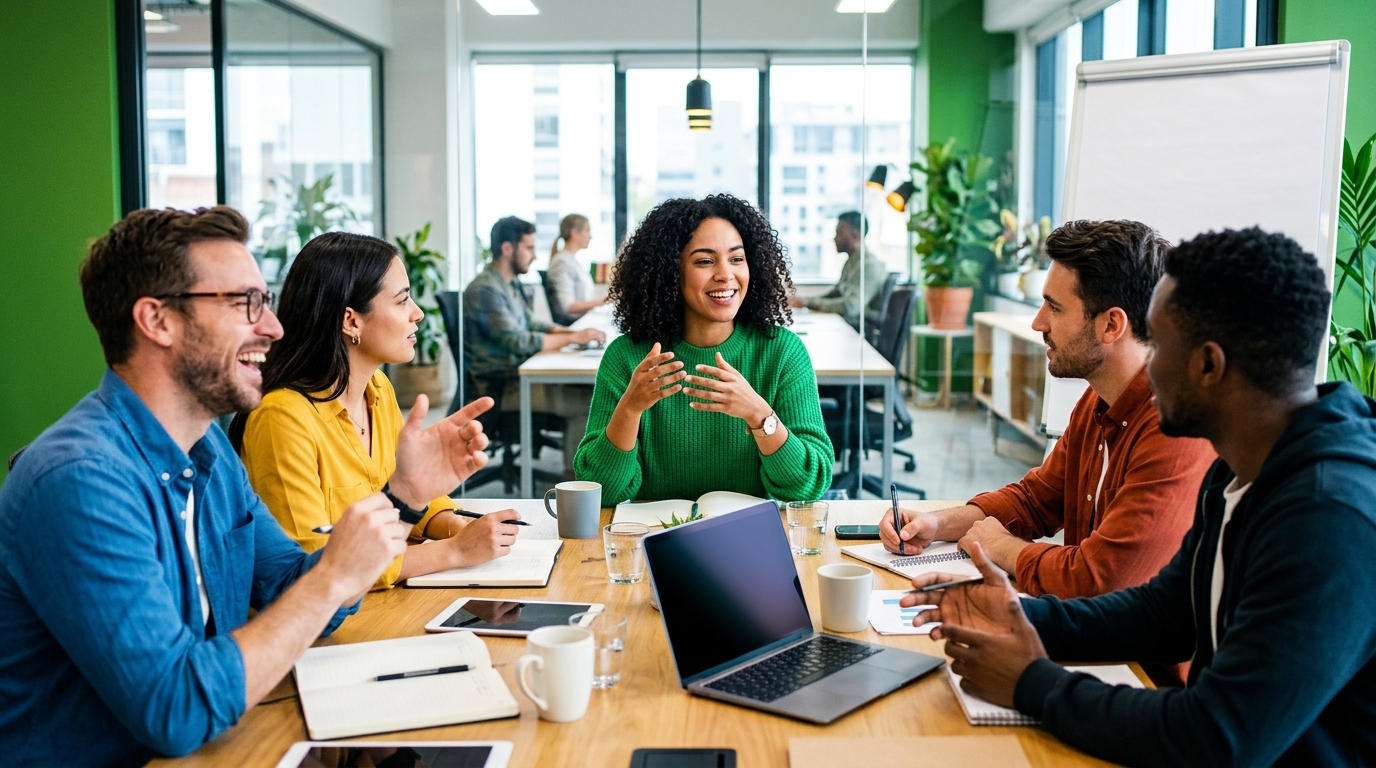 Photorealistic photo of team meeting, centered subject with a simple uncluttered composition, vivid colors, high contrast, energetic, 16:9 aspect ratio