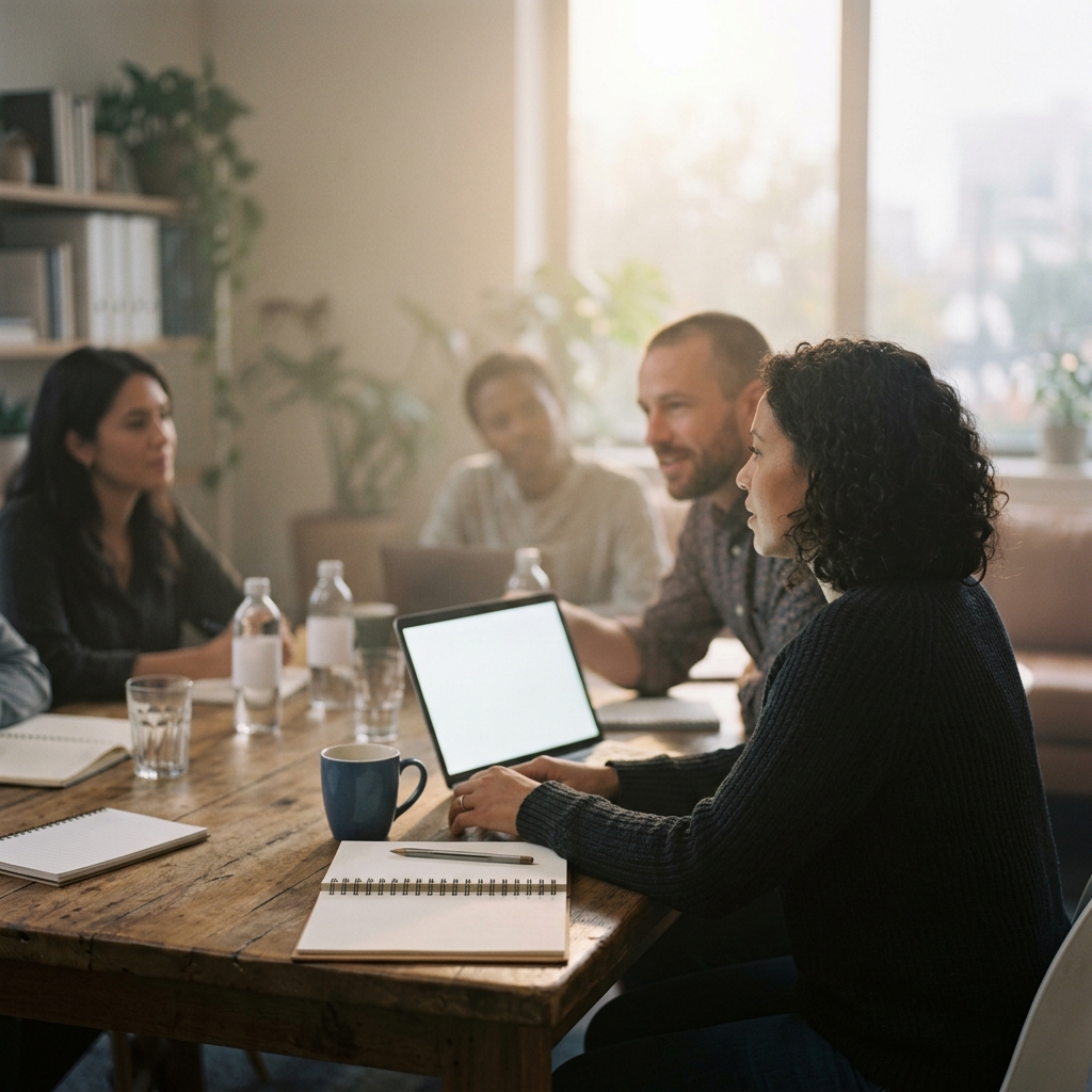 Photorealistic photo of team meeting, close-up detail with shallow depth of field, misty morning haze, dreamy, 1:1 aspect ratio