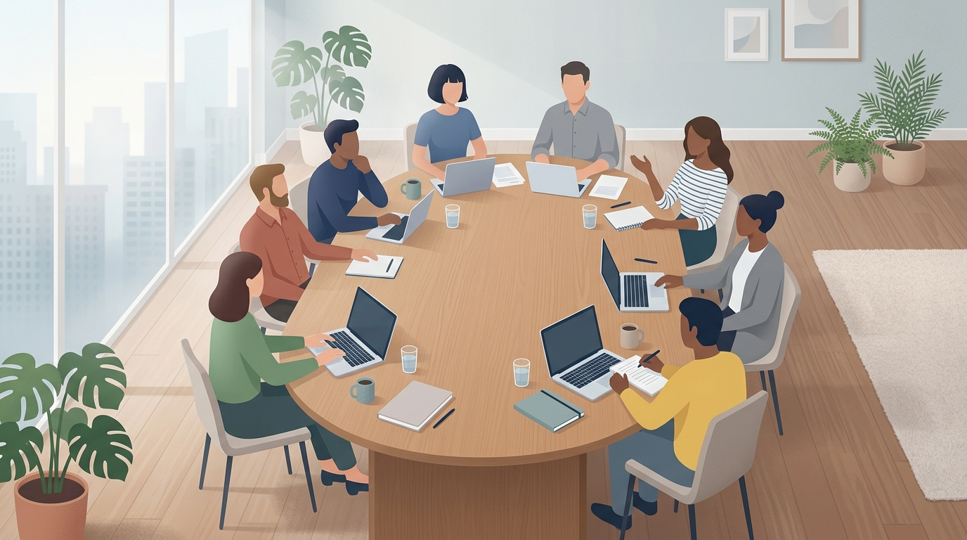 Minimal flat illustration of team meeting, high-angle view from above, misty morning haze, dreamy, 16:9 aspect ratio