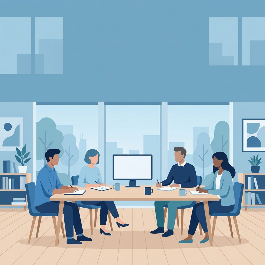 Minimal flat illustration of team meeting, wide shot with open space at the top for text, cool blue tones, quiet atmosphere, 1:1 aspect ratio