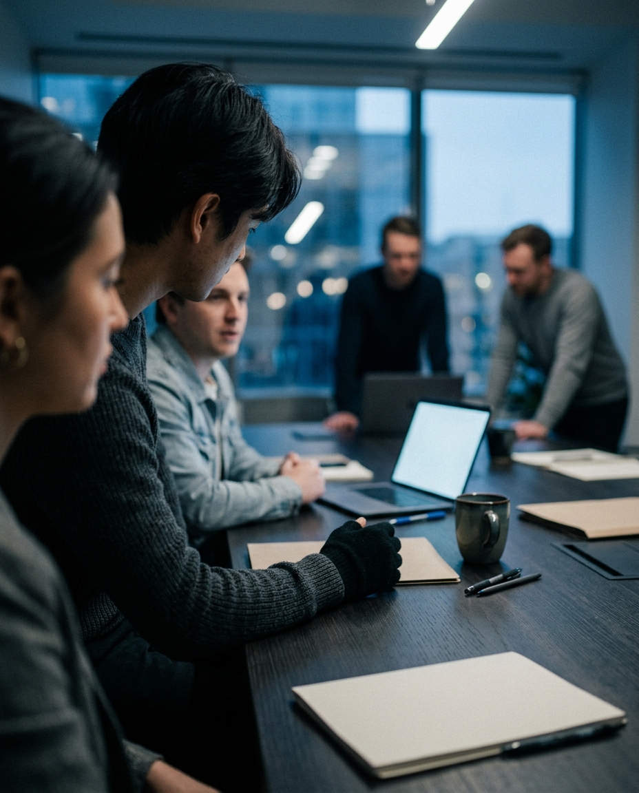 Cinematic film still of team meeting, close-up detail with shallow depth of field, cool blue tones, quiet atmosphere, 4:5 aspect ratio