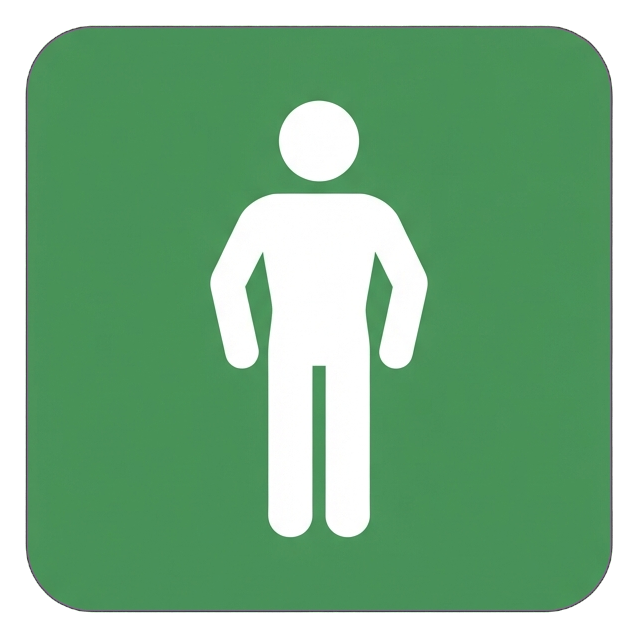 Sinal de pictograma, figura branca em um quadrado arredondado verde sólido de um pictograma de banheiro masculino com uma única figura de homem, fundo transparente PNG