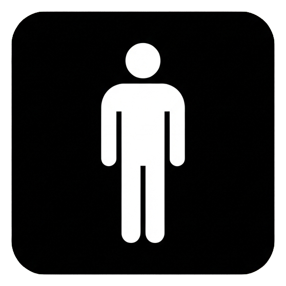 Sinal de pictograma, figura branca em um quadrado arredondado preto sólido de um pictograma de banheiro masculino com uma única figura de homem, fundo transparente PNG