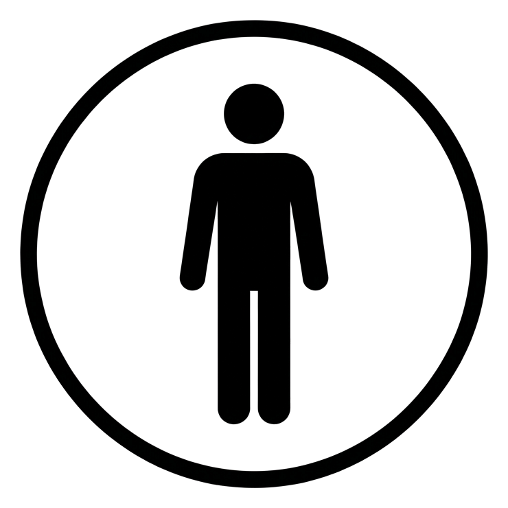 Sinal de pictograma circular, figura preta dentro de um círculo preto fino de um pictograma de banheiro masculino com uma única figura de homem, fundo transparente PNG