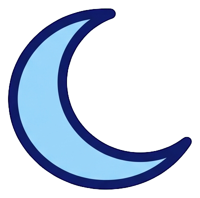 Duotone icon, navy blue and light blue of a crescent moon icon, transparent background PNG