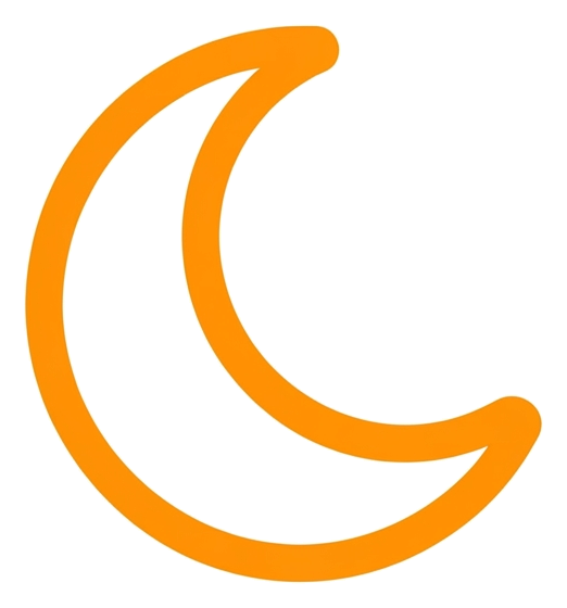 Rounded line icon, thick orange outline of a crescent moon icon, transparent background PNG