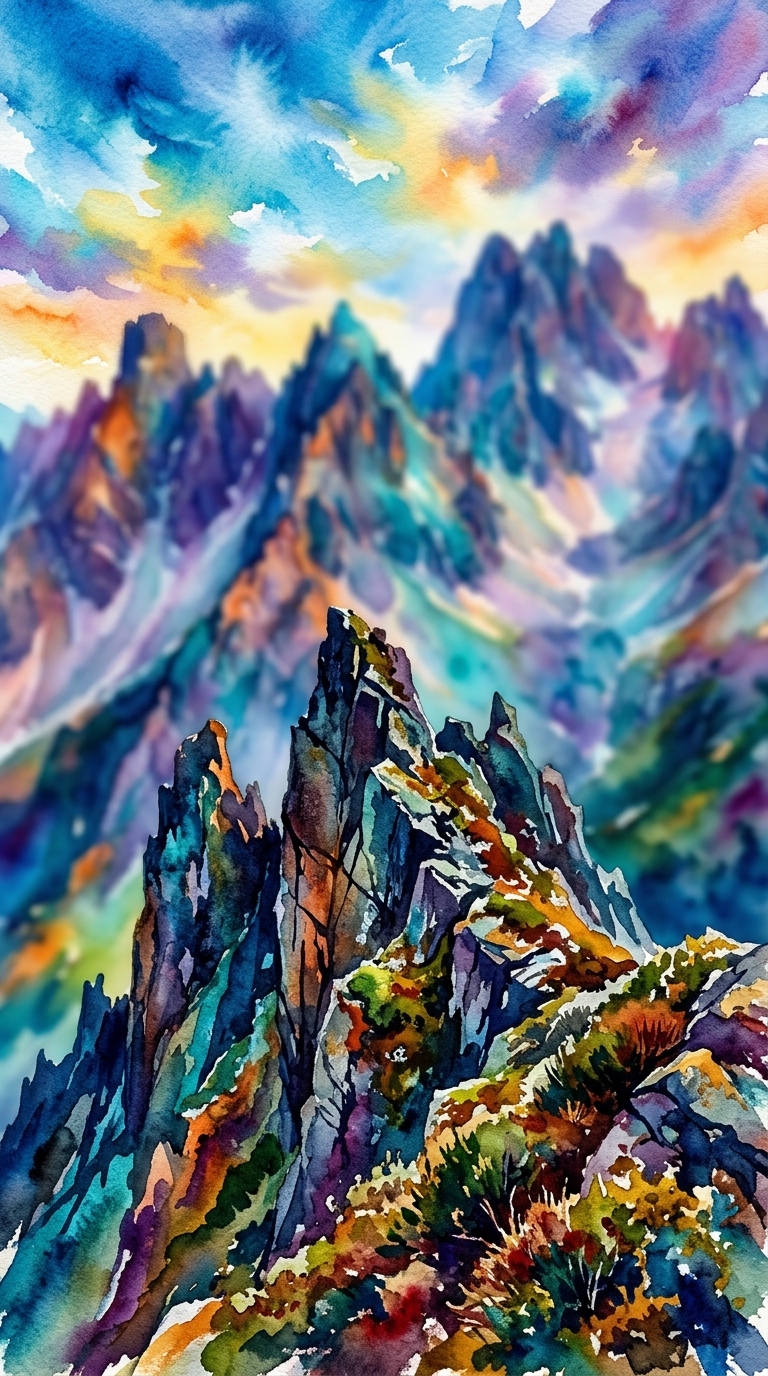 Watercolor illustration of mountain range, close-up detail with shallow depth of field, vivid colors, high contrast, energetic, 9:16 aspect ratio