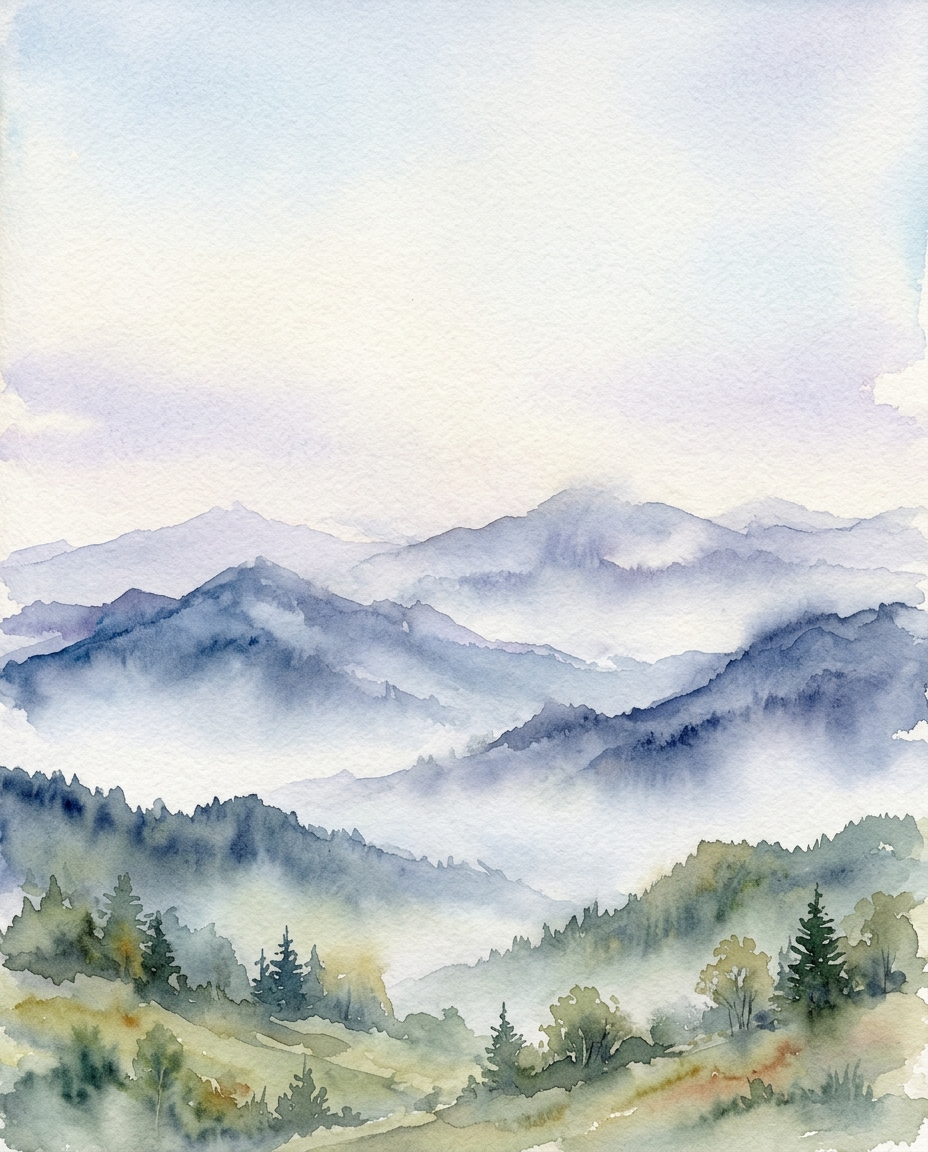 Watercolor illustration of mountain range, wide shot with open space at the top for text, misty morning haze, dreamy, 4:5 aspect ratio