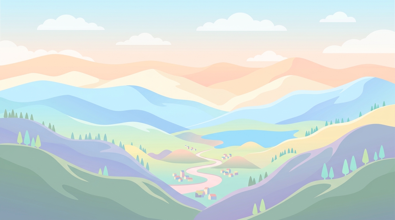 Minimal flat illustration of mountain range, high-angle view from above, soft pastel colors, bright and cozy, 16:9 aspect ratio