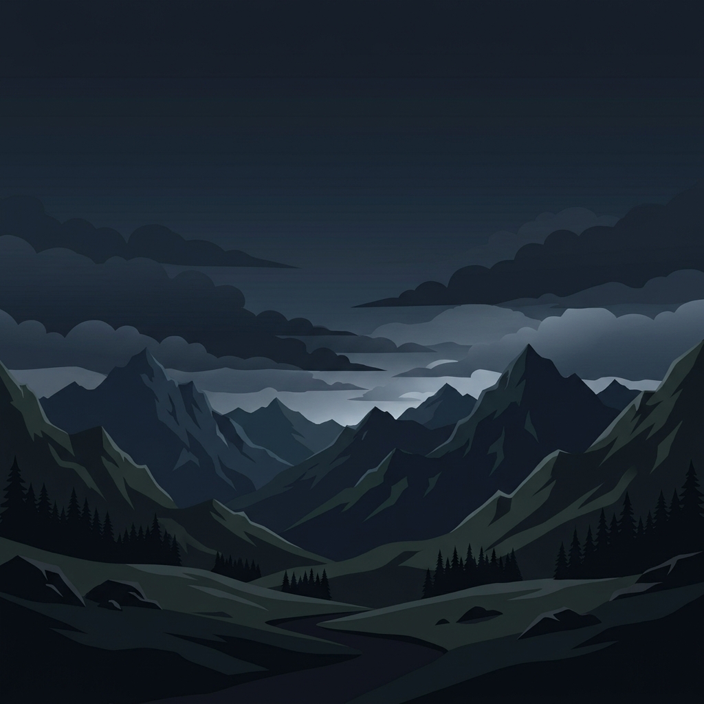 Minimal flat illustration of mountain range, wide shot with open space at the top for text, moody dark tones, dramatic lighting, 1:1 aspect ratio