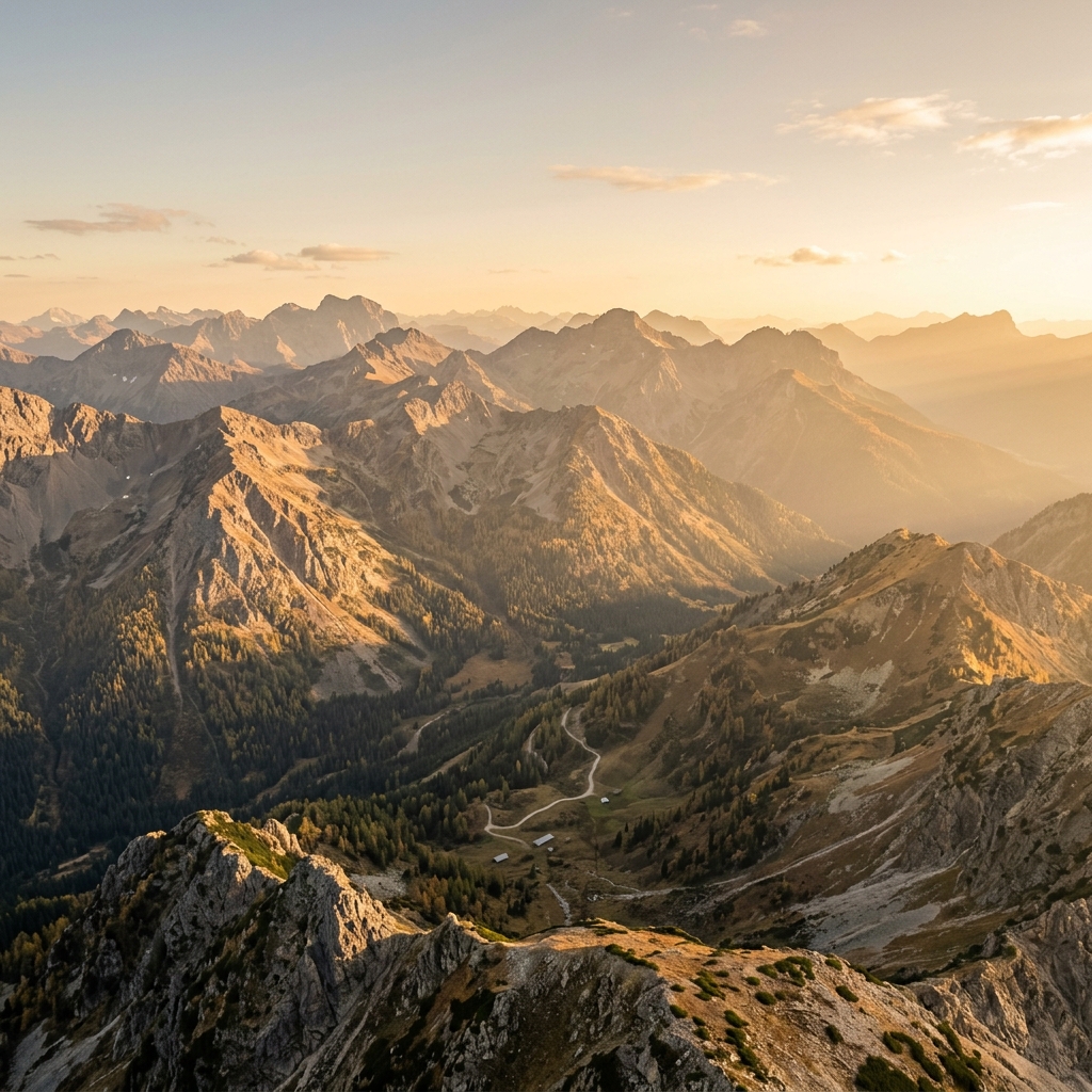 Photorealistic photo of mountain range, high-angle view from above, warm golden light, calm mood, 1:1 aspect ratio