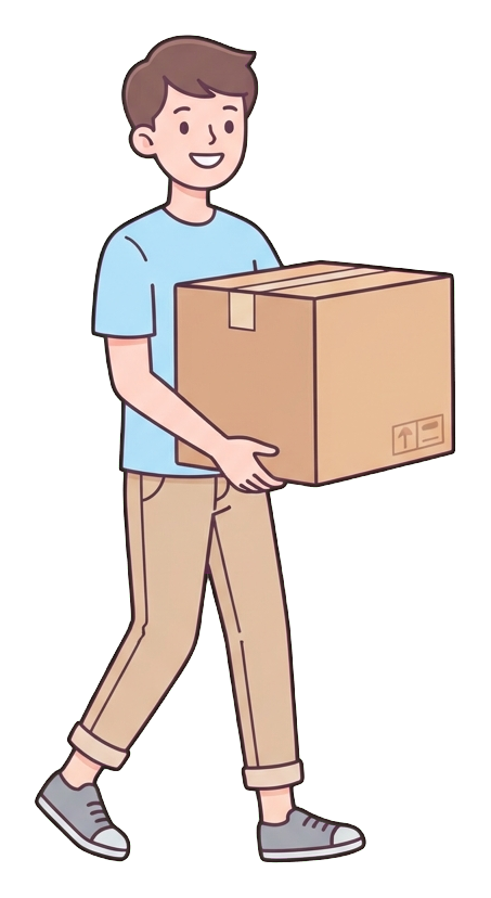 Simple cute flat cartoon illustration with soft pastel colors and thin clean dark outlines of a young man, person carrying a big cardboard moving box, transparent background PNG