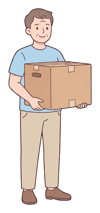 Simple cute flat cartoon illustration with soft pastel colors and thin clean dark outlines of a middle-aged man, person carrying a big cardboard moving box, transparent background PNG
