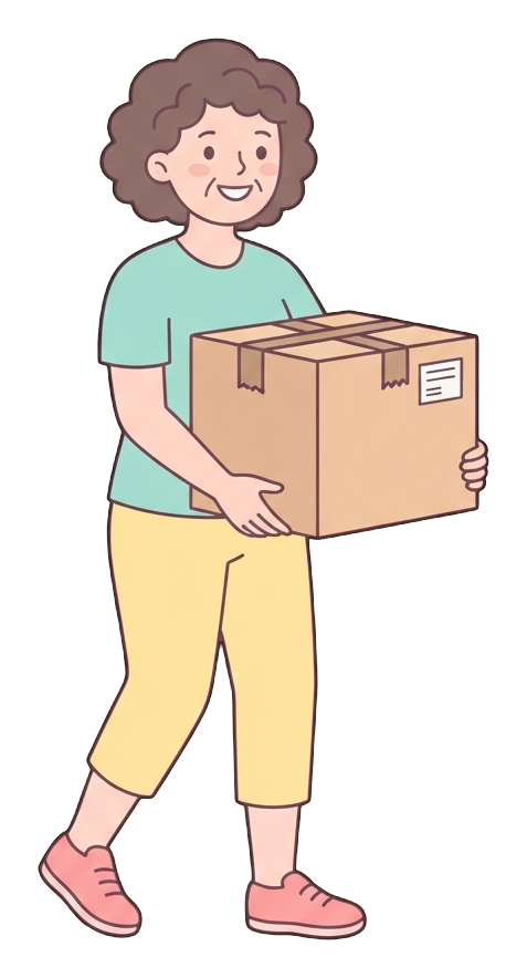 Simple cute flat cartoon illustration with soft pastel colors and thin clean dark outlines of a middle-aged woman, person carrying a big cardboard moving box, transparent background PNG