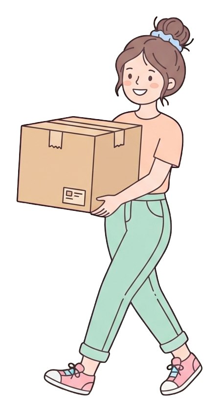 Simple cute flat cartoon illustration with soft pastel colors and thin clean dark outlines of a young woman, person carrying a big cardboard moving box, transparent background PNG