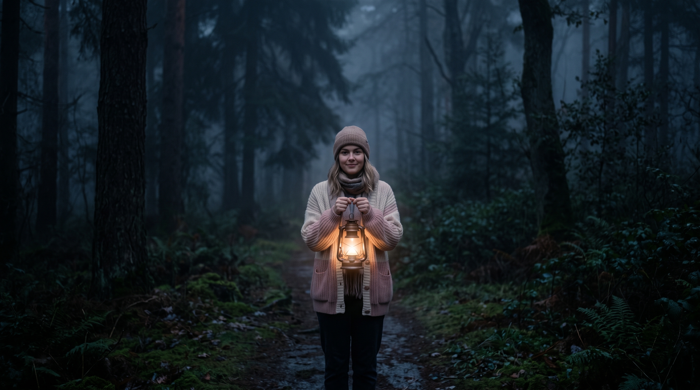 Cinematic film still of dark misty forest at night, centered subject with a simple uncluttered composition, soft pastel colors, bright and cozy, 16:9 aspect ratio
