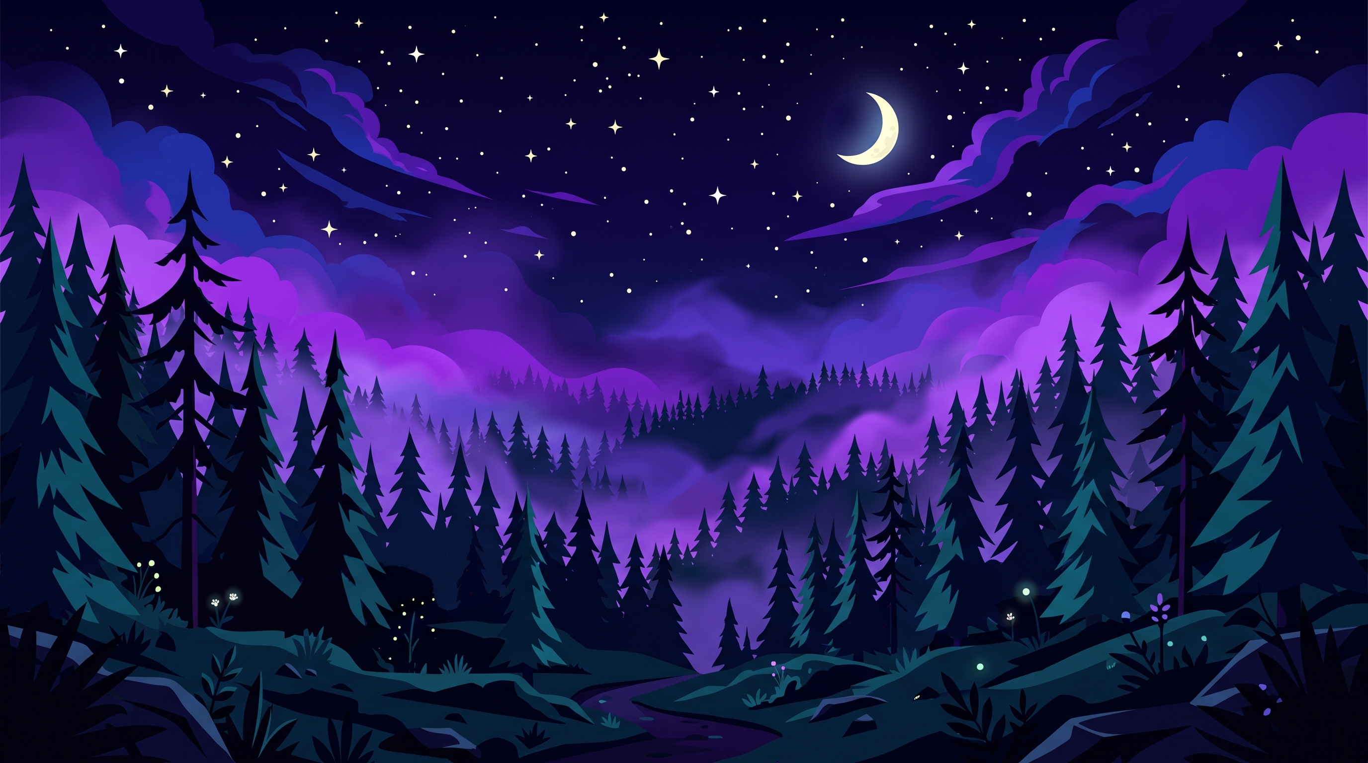 Minimal flat illustration of dark misty forest at night, wide shot with open space at the top for text, vivid colors, high contrast, energetic, 16:9 aspect ratio