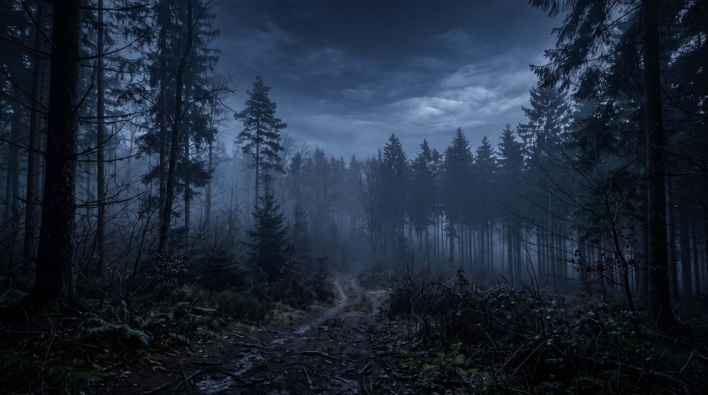 Photorealistic photo of dark misty forest at night, wide shot with open space at the top for text, cool blue tones, quiet atmosphere, 16:9 aspect ratio
