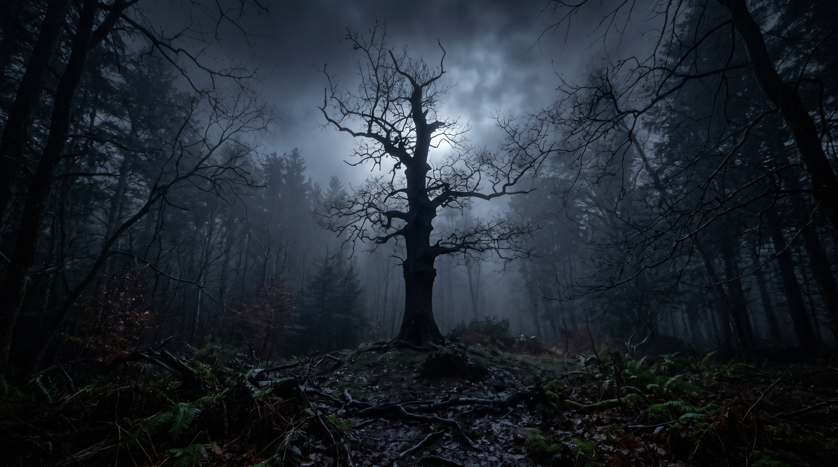 Photorealistic photo of dark misty forest at night, centered subject with a simple uncluttered composition, moody dark tones, dramatic lighting, 16:9 aspect ratio