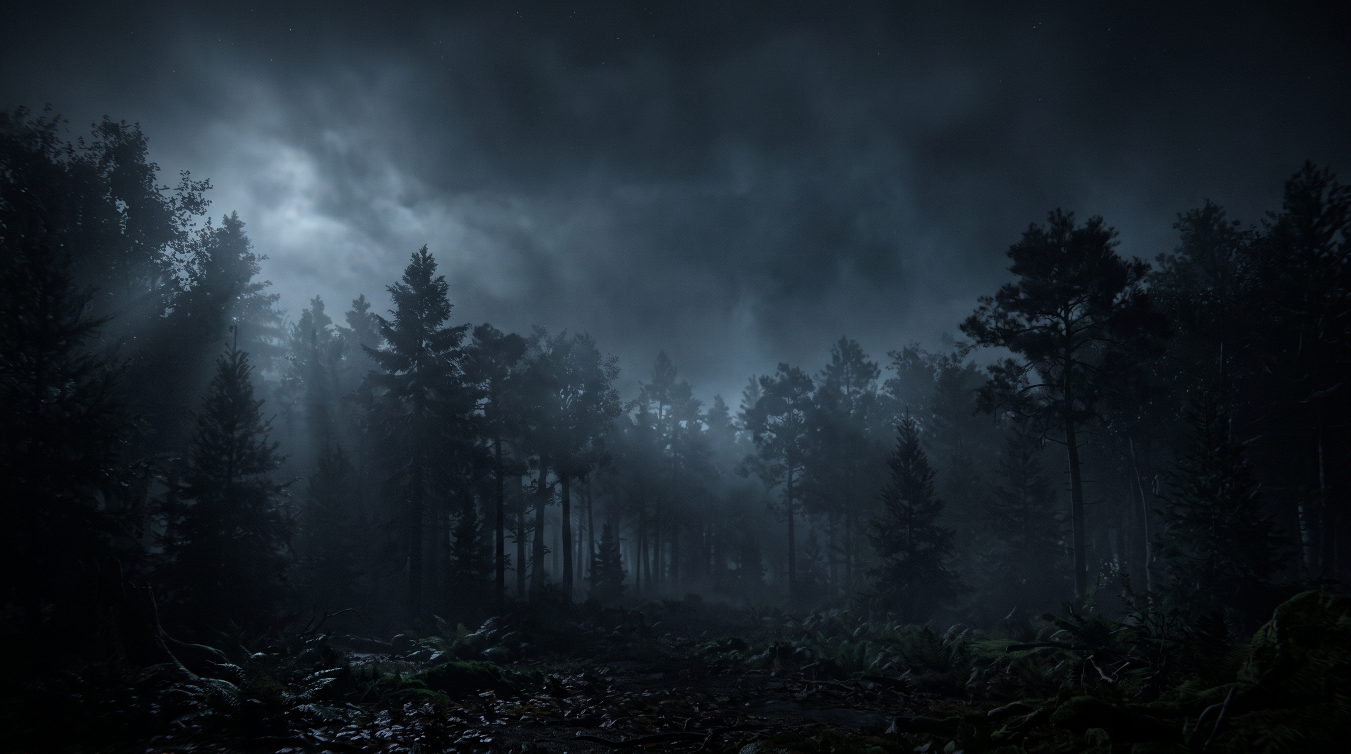 Soft 3d render of dark misty forest at night, wide shot with open space at the top for text, moody dark tones, dramatic lighting, 16:9 aspect ratio