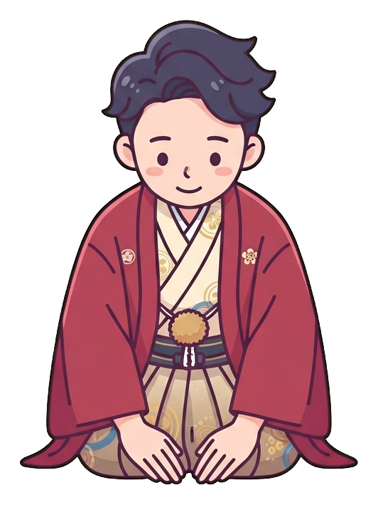 Simple cute flat cartoon illustration with soft pastel colors and thin clean dark outlines of a young man, person in festive clothes bowing for a new year greeting, transparent background PNG